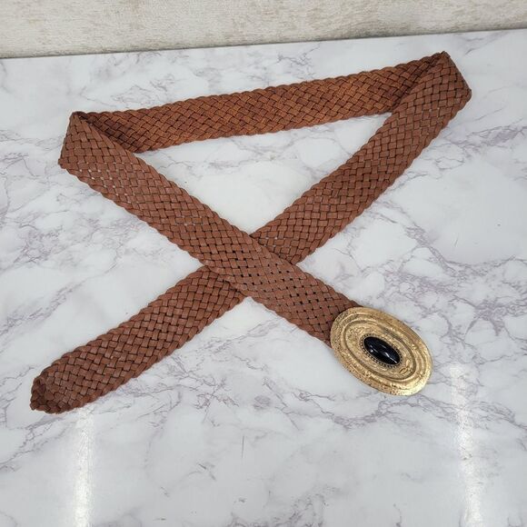 Vintage Brown Woven Belt with Gold Oval Buckle with Navy Blue Faux Stone main image 6